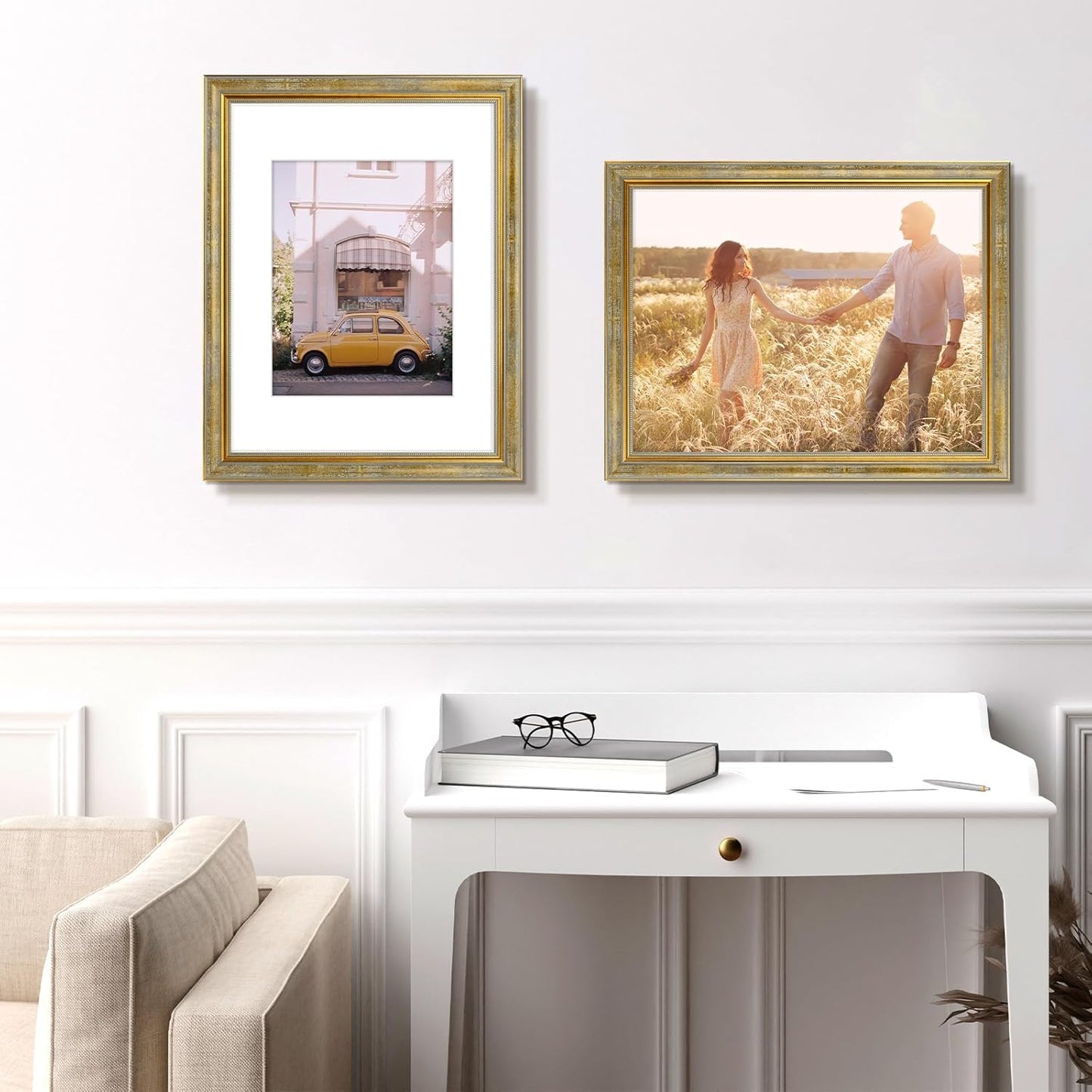 Golden State Art,11x14 Ornate Picture Frame for 8x10 Photo with Mat or 11 x 14 Prints without Mat,Real Glass Wall Display(Color:Green Gold)