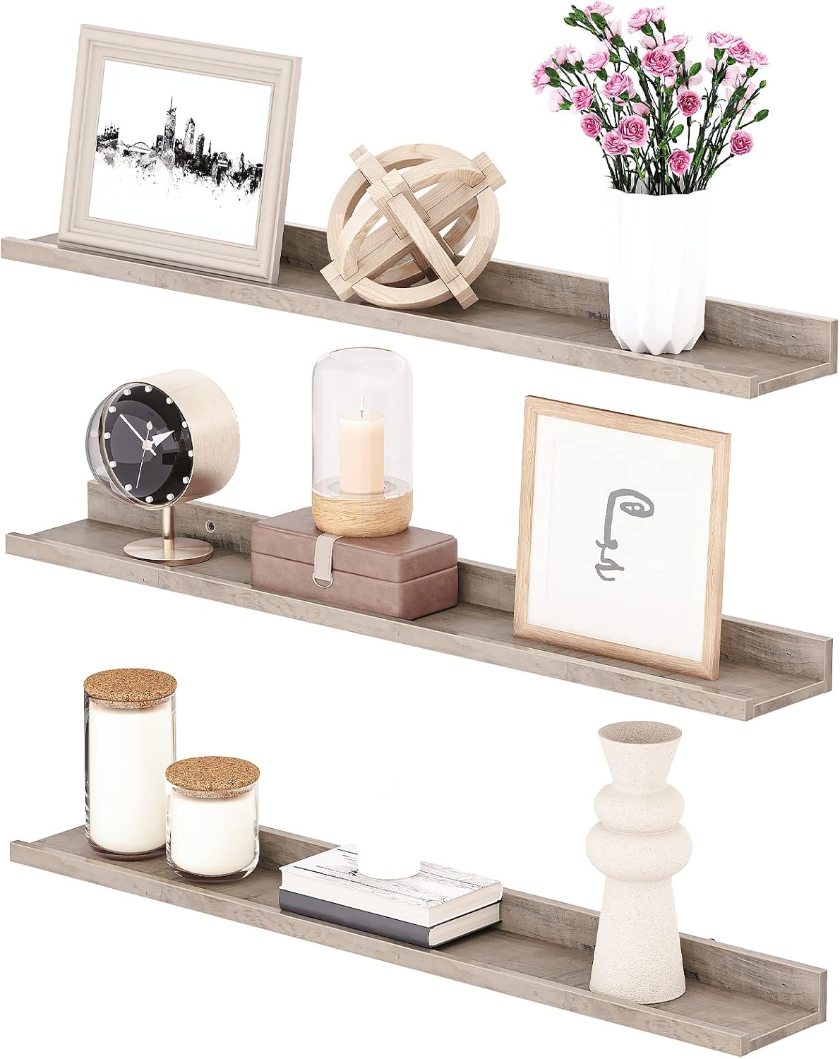 HOOBRO Floating Shelves, Wall Shelf Set of 3, 35.4 Inches Hanging Shelf with Raised Edge and Invisible Brackets, for Bathroom, Bedroom, Kitchen, Office, Living Room Decor, Rustic Brown BF90BJ01
