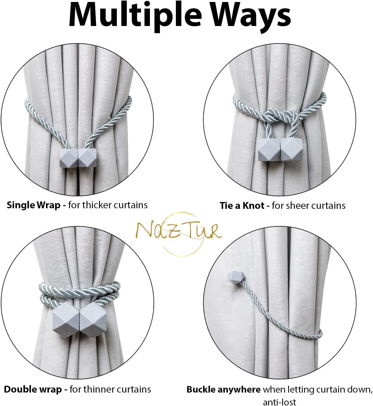 NazTur Magnetic Curtain Tiebacks- Upgrade 2022 with a Thicker Twist Rope & Strong Magnet Tieback Window Treatment Holdbacks Draperies Holders Decorative Drape Handmade Tie Back (Black, 2)