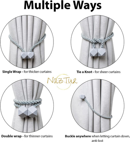 NazTur Magnetic Curtain Tiebacks- Upgrade 2022 with a Thicker Twist Rope & Strong Magnet Tieback Window Treatment Holdbacks Draperies Holders Decorative Drape Handmade Tie Back (Black, 2)