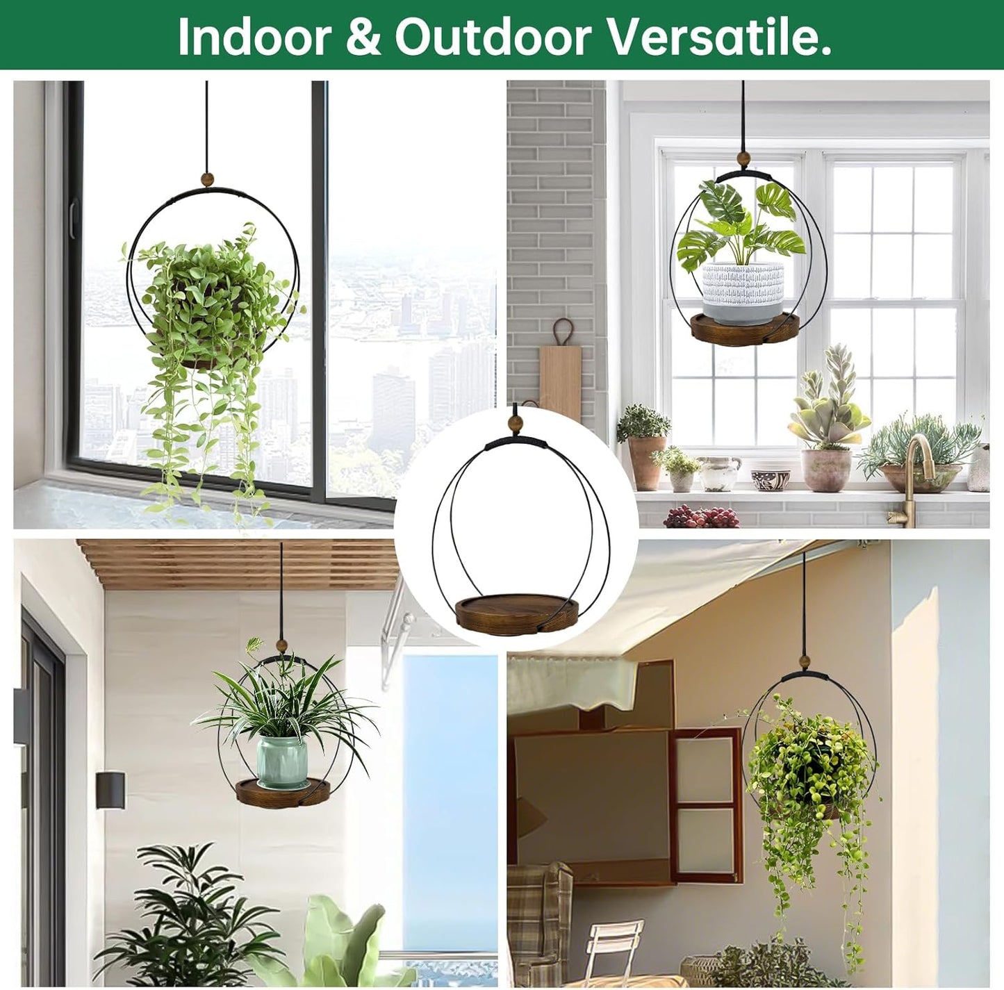 Hanging Planter for Indoor Plants, Black Plant Hanger Indoor with Sturdy Wood Base, Modern Boho Macrame Plant Hanger for 3-5.5 Inch Pot, Hanging Wall Ceiling Window Home Decor (Pots Not Included)