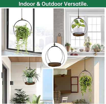 Hanging Planter for Indoor Plants, Black Plant Hanger Indoor with Sturdy Wood Base, Modern Boho Macrame Plant Hanger for 3-5.5 Inch Pot, Hanging Wall Ceiling Window Home Decor (Pots Not Included)