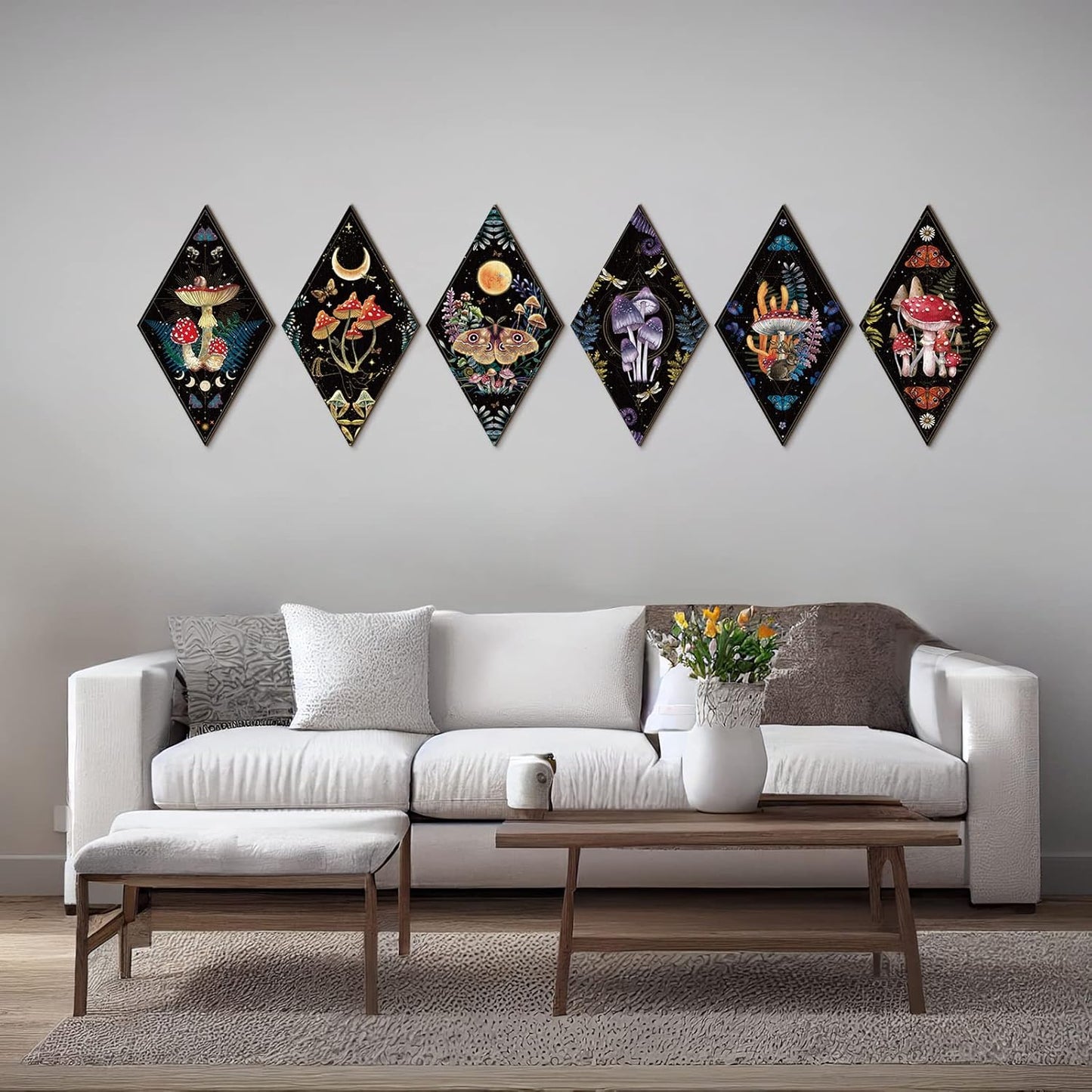 Sintuff 6 Pieces Gothic Wall Decor Boho Sun Moon Phases Wall Art Gothic Minimalist Stars Sun Hanging Wooden Home Decor Farmhouse Pediments for Gallery Living Bedroom Room(Mushroom)