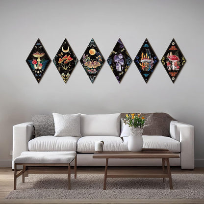 Sintuff 6 Pieces Gothic Wall Decor Boho Sun Moon Phases Wall Art Gothic Minimalist Stars Sun Hanging Wooden Home Decor Farmhouse Pediments for Gallery Living Bedroom Room(Mushroom)