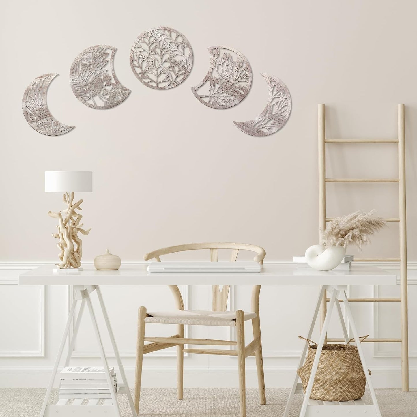 Jetec 5 Pcs Moon Phase Wall Art Decor Wall Pediments Hanging Wooden Phase Spiritual Bedroom Nordic Boho Lunar Aesthetic Art for Living Room Dorm Apartment Ornament(Brown,10.6 Inch,Botanical)