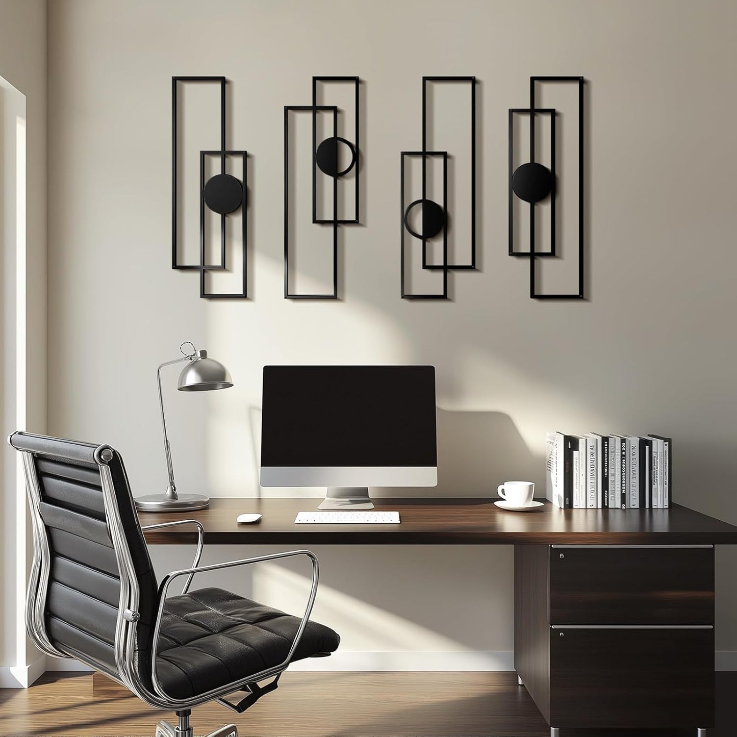 Abstract Black Metal Wall Art Set of 4, Large Modern Geometric Wall Decor with 3D Layered Design, Minimalist Wall Sculptures for Living Room, Bedroom, Bathroom, Kitchen, Hallway