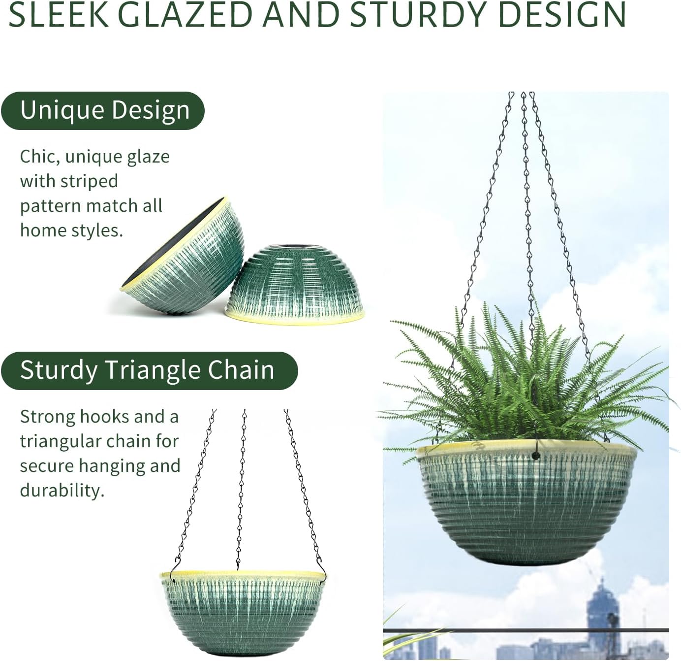 12 inch Large Hanging Planters for Indoor Outdoor Plants, Set of 2 Glazed Hanging Flower Pots with Drainage Hole, Hanging Baskets for Garden Home Porch Decor