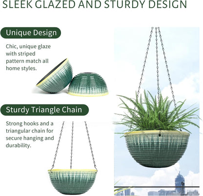 12 inch Large Hanging Planters for Indoor Outdoor Plants, Set of 2 Glazed Hanging Flower Pots with Drainage Hole, Hanging Baskets for Garden Home Porch Decor