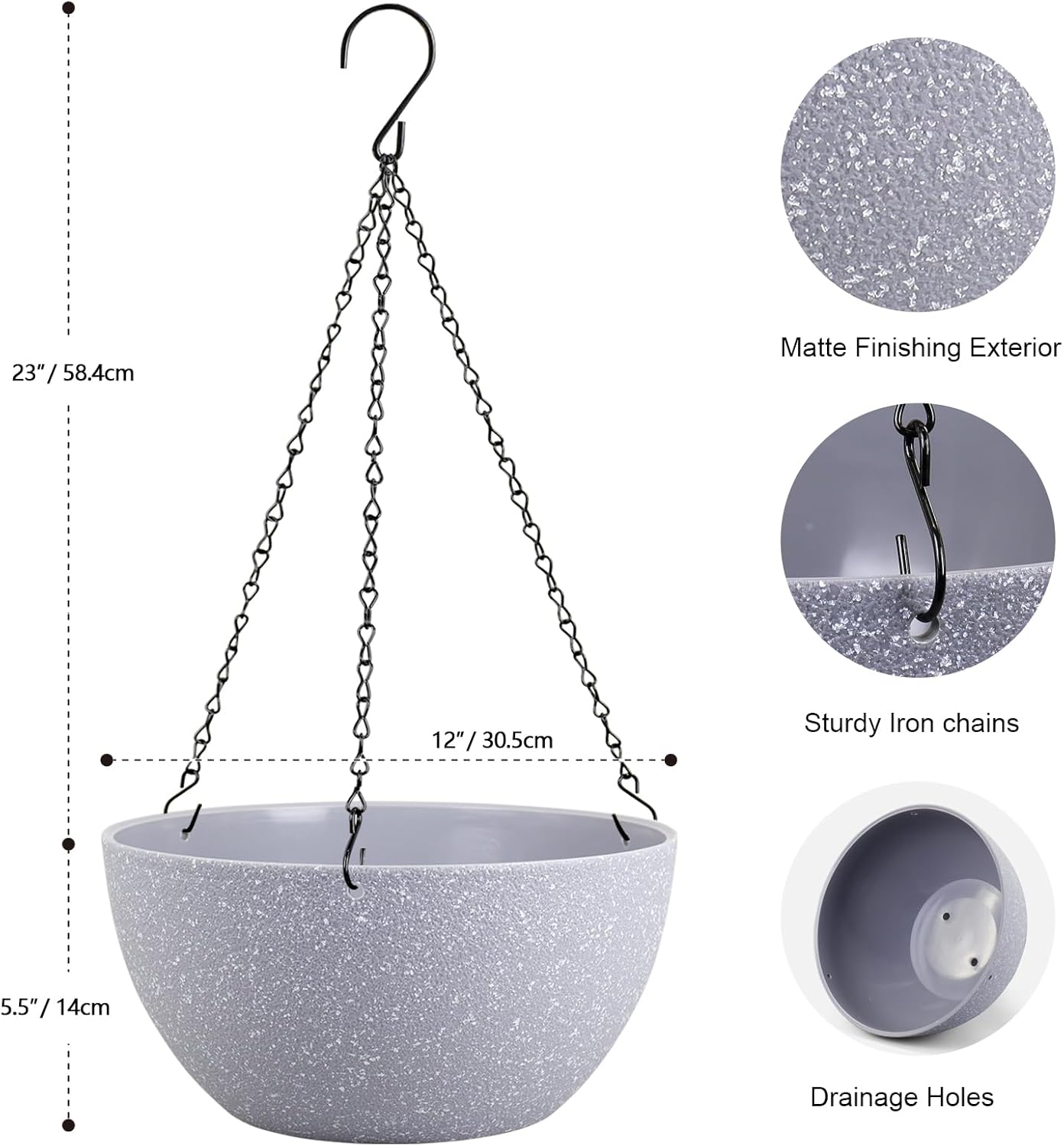 Meowell 10 inch Hanging Planters for Indoor Outdoor Plants, 2 Pack Hanging Flower Pots with Drainage Holes and Chain for Garden Porch, Plastic Hanging Baskets for House Plants, Speckled Grey