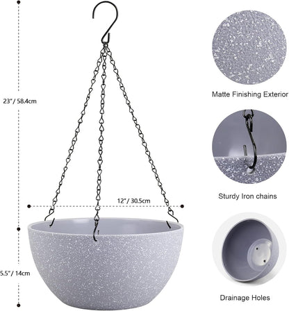 Meowell 10 inch Hanging Planters for Indoor Outdoor Plants, 2 Pack Hanging Flower Pots with Drainage Holes and Chain for Garden Porch, Plastic Hanging Baskets for House Plants, Speckled Grey