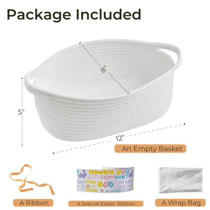 Small Woven Gift Basket Empty with Bag & Ribbon - Gifts for Mom, Baby Shower, Birthdays & Raffle - Cotton Rope Storage Basket for Dog Toys or Shelf - 12"x8"x5", White