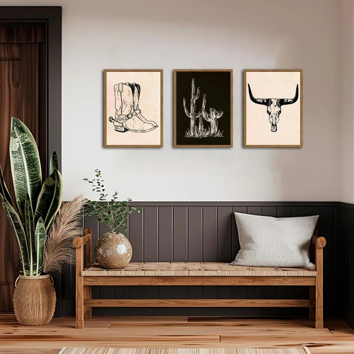 Western Wall Art Set of 3, Southwestern Cowboy Playing Card Wall Decor, Longhorn Bull Skull and How Lucky are We Poster Canvas Painting Prints for Bedroom Living Room 12x16 inch Wood Framed