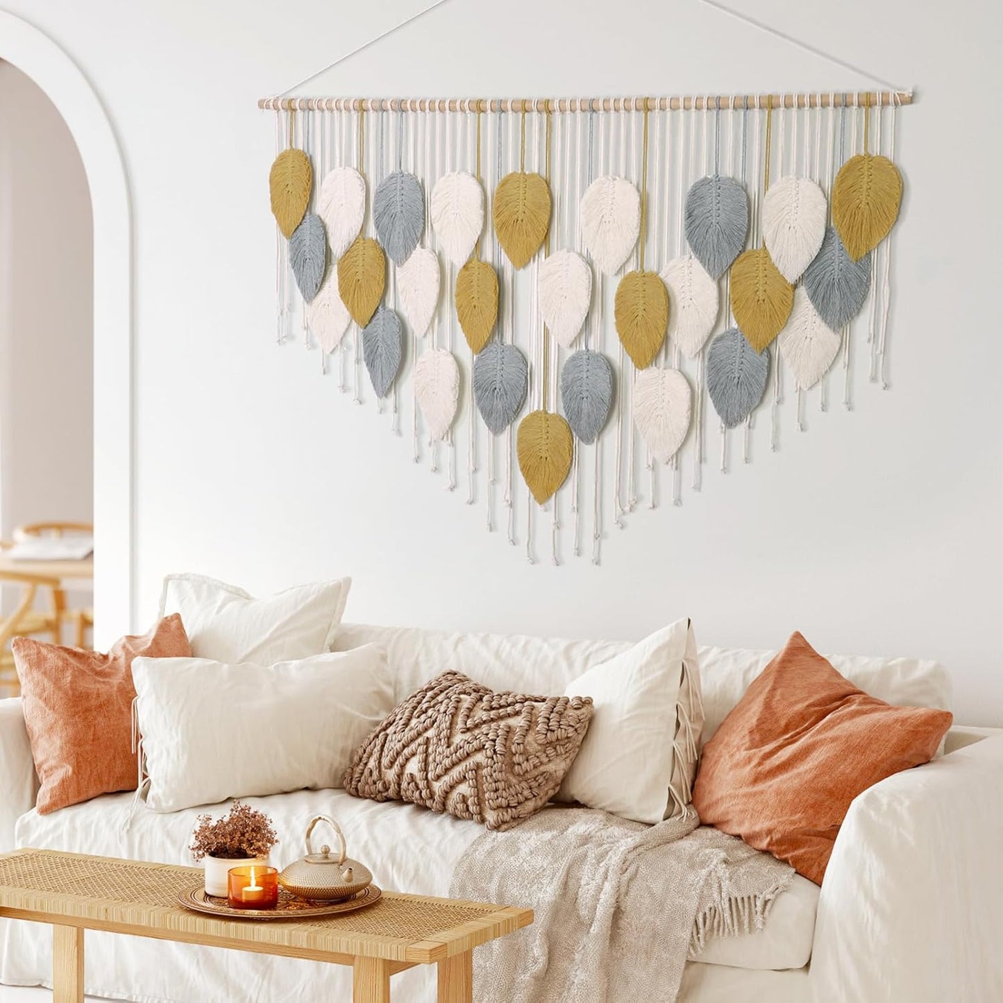 LOMOHOO Macrame Wall Hanging Boho Beige Leaves Tapestry Bohemian Handmade Woven Wall Art Decoration for Bedroom Living Room Apartment Dorm Gallery Perfect Handmade Gift Ideas