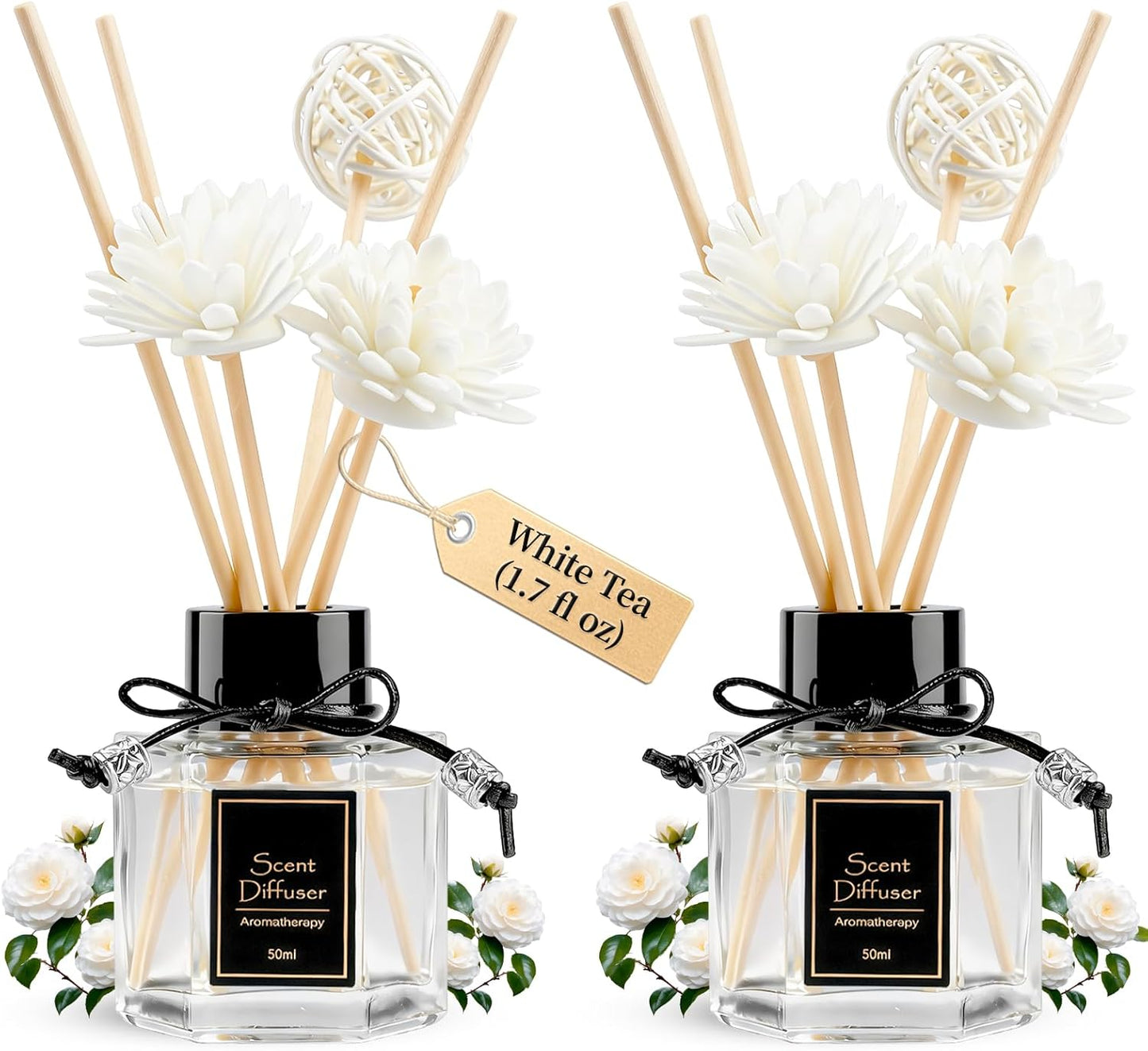 TonJin 2PCS Jasmine Reed Diffuser Set 1.7 fl oz with 6 Scent Sticks, Exotic Floral Home Fragrance, Natural Scented Oil Sticks for Bathroom, Living Room & Bedroom | Non-Toxic Air Freshener
