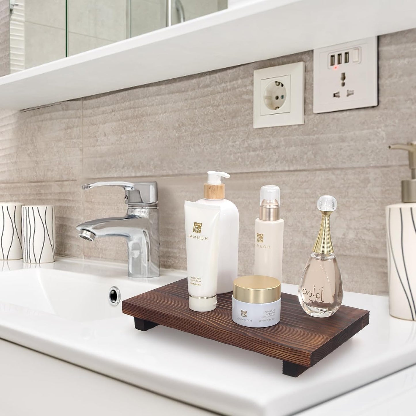 Black Bathroom Vanity Organizer Tray for Countertop Small Wooden Pedestal Stand Farmhouse Kitchen Sink Tray Decorative Hand Soap Dish Dispenser Holder Wood Risers Modern Bathroom Decor Accessories