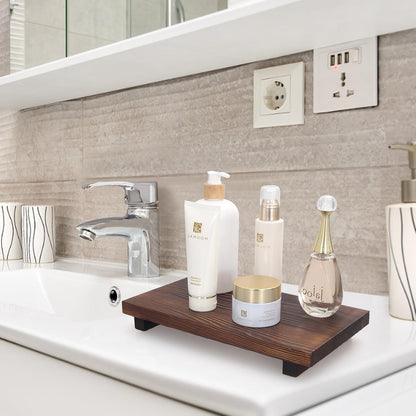 Black Bathroom Vanity Organizer Tray for Countertop Small Wooden Pedestal Stand Farmhouse Kitchen Sink Tray Decorative Hand Soap Dish Dispenser Holder Wood Risers Modern Bathroom Decor Accessories