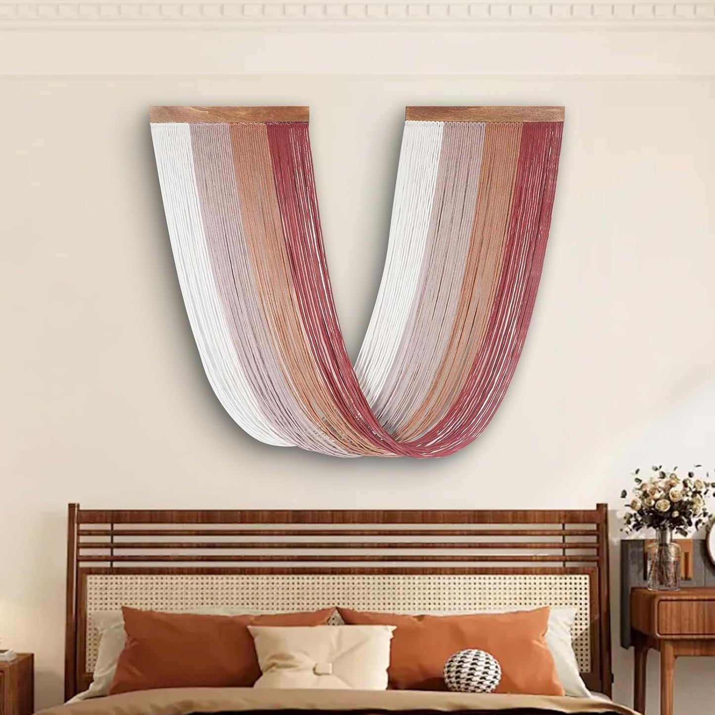Lokeisna Macrame Wall Hanging, Woven Tapestry Beige & Dusty Rose Handmade Craft Macrame Wall Decor, Gallery & Nursery, Size 37.4” Lx27.5” W