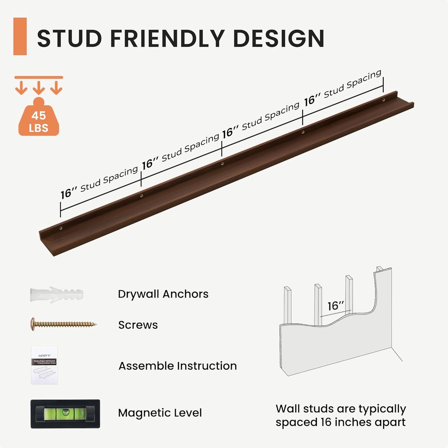 FLYJOE Picture Ledge Shelf, Floating Shelves Set of 2, Solid Pine Wood 55'' Long Large Nursery Book Shelves for Toys Storage, Kids Bookshelf for Living Room Bedroom Decor Books Photo Frames, Walnut