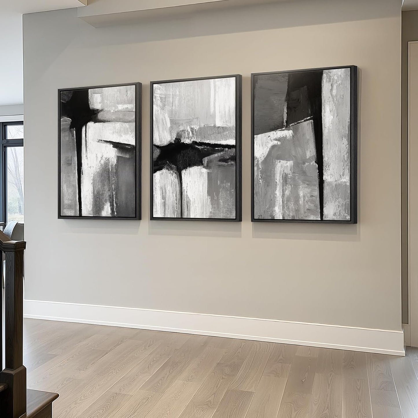 Large Framed Black and White Abstract Wall Art for Living Room, 3 Piece Big Modern Canvas Prints Paintings Artwork for Walls, Minimalist Abstract Art Pictures for Hallway, Office Wall Decor 24x36 In