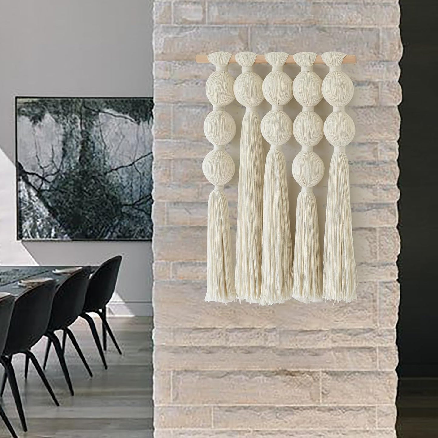 Macrame Wall Hanging Boho Home Decor Handmade Cotton Fiber Art with Neutral Ivory Tassels Modern Bohemian Wall Decor for Living Room Bedroom Apartment 27" W x 22" L
