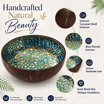 ChezMax Natural Coconut Bowl with Mother of Pearl Inlays - Key Bowl & Fruit Snack Holder (Blue-Gold)