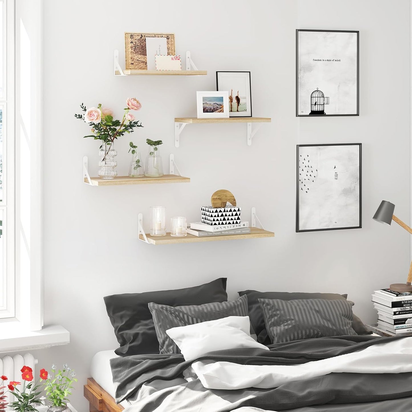 YGEOMER Floating Shelves for Wall, Different Sizes Dark Carbonized Brown Wall Shelves for Living Room, Bathroom, Bedroom, Kitchen, Home Decor (Set of 4)