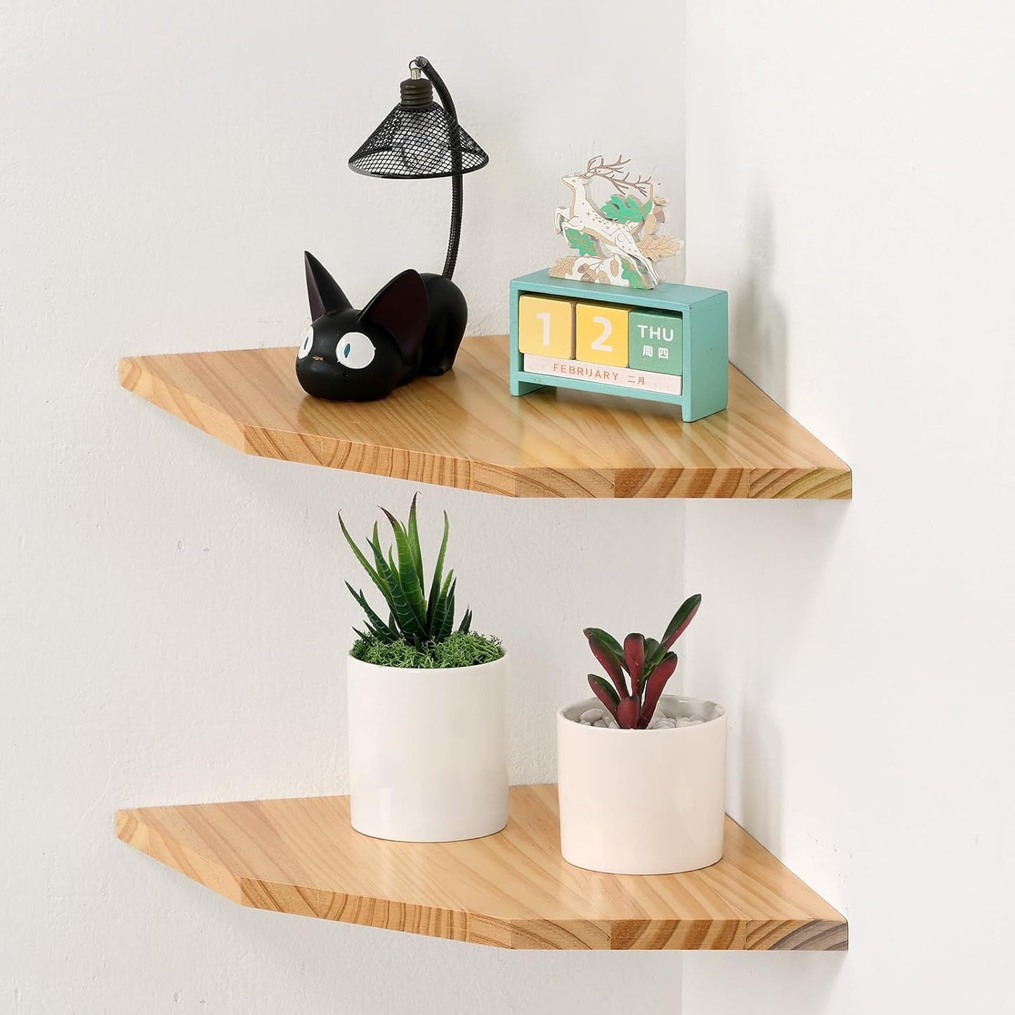 Joiishom Wood Corner Wall Shelves Set of 2, Solid Wood Corner Floating Shelves for Wall, Round End Wall Mounted Floating Corner Shelf for Bedroom, Living Room and Kitchen. (Brown-10 inch)