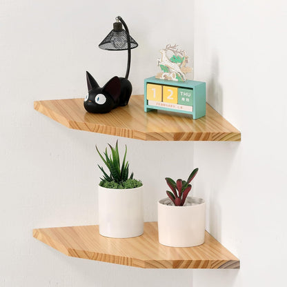 Joiishom Wood Corner Wall Shelves Set of 2, Solid Wood Corner Floating Shelves for Wall, Round End Wall Mounted Floating Corner Shelf for Bedroom, Living Room and Kitchen. (Brown-10 inch)
