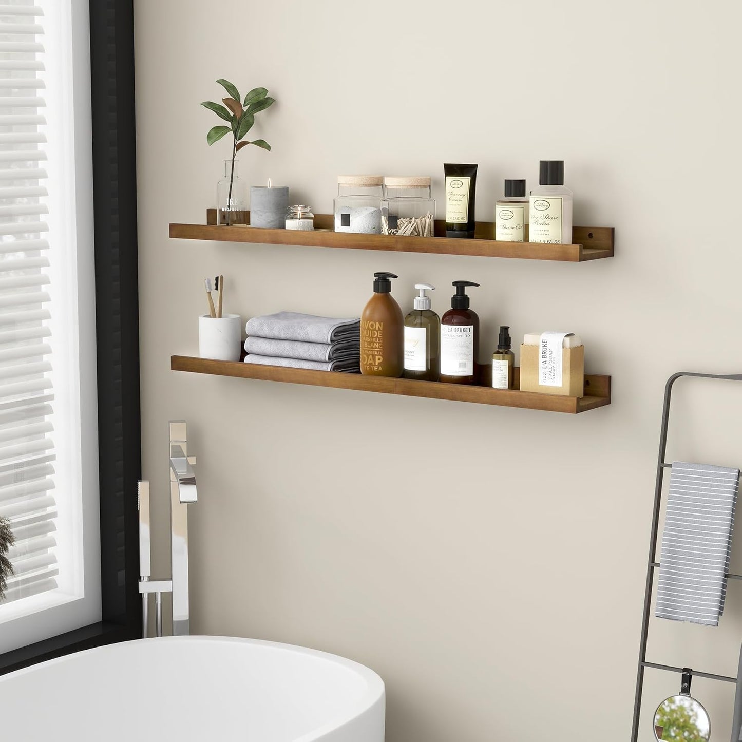 FLYJOE Picture Ledge Shelf, Floating Shelves Set of 2, Solid Pine Wood 55'' Long Large Nursery Book Shelves for Toys Storage, Kids Bookshelf for Living Room Bedroom Decor Books Photo Frames, Walnut