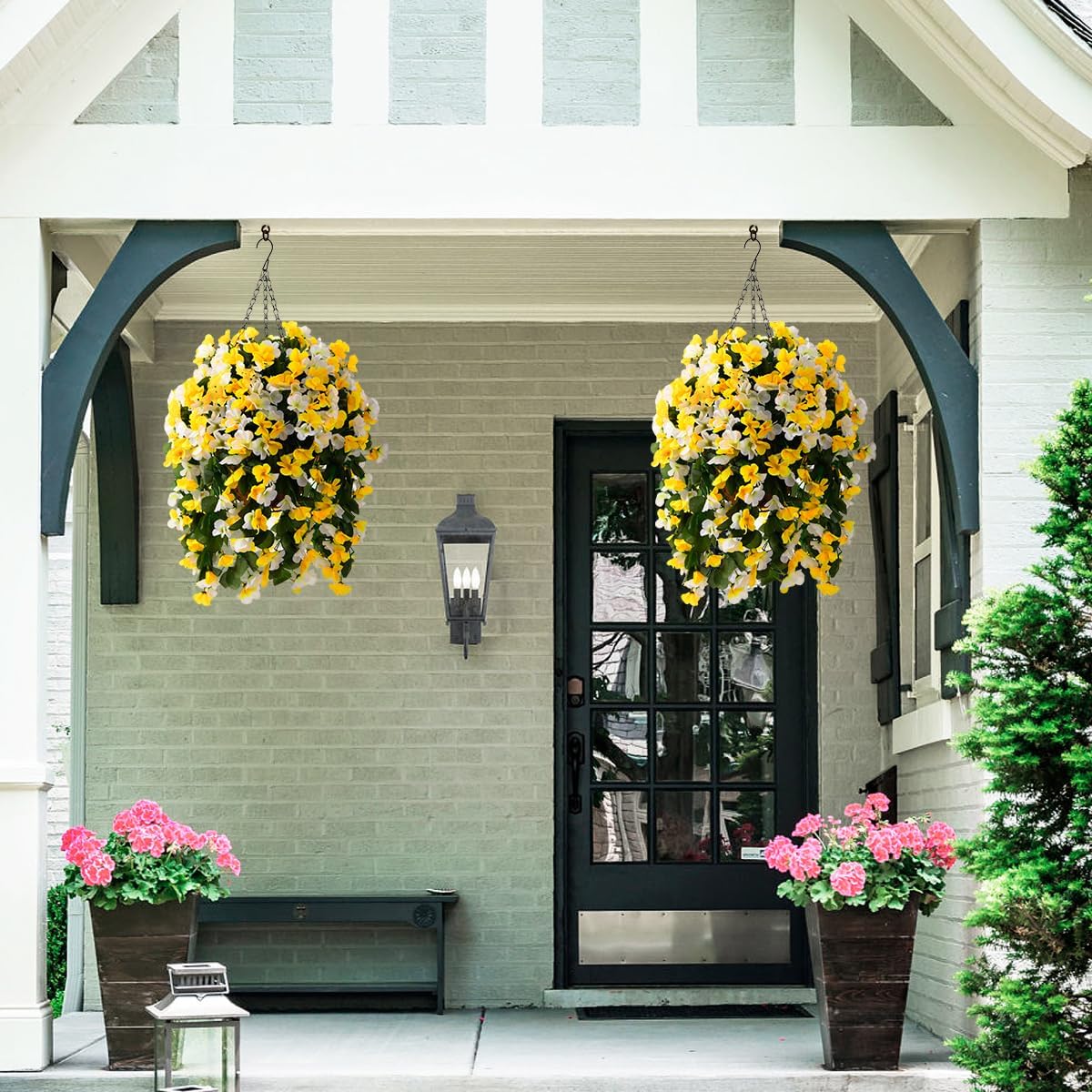 INQCMY Artificial Fake Hanging Plants Flowers Basket for Spring Summer Outdoor Outside Decoration,Faux Silk Begonia Flower in Planter Look Real UV Resistant for Home Porch Patio Balcony Yard Decor