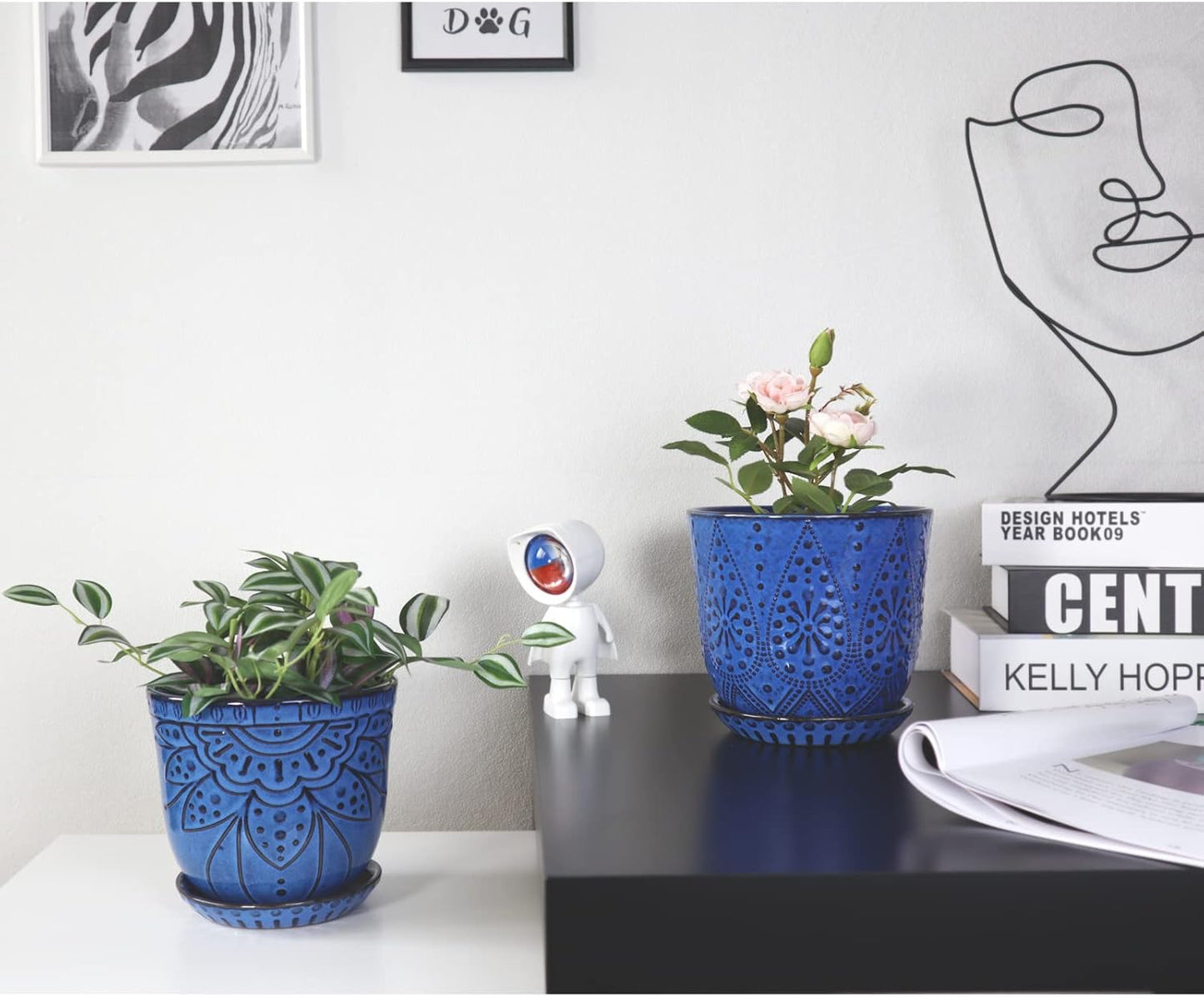 Gepege 6 Inch Beaded Ceramic Planter Set of 2 with Drainage Hole and Saucer for Plants, Indoor-Outdoor Large Round Succulent Orchid Flower Pot (Smoked Gray, Inner-pots not Larger Than 5 Inch)