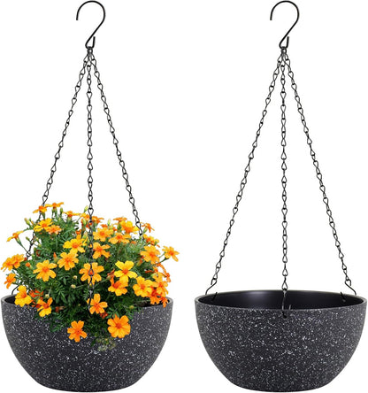 Meowell 10 inch Hanging Planters for Indoor Outdoor Plants, 2 Pack Hanging Flower Pots with Drainage Holes and Chain for Garden Porch, Plastic Hanging Baskets for House Plants, Speckled Grey