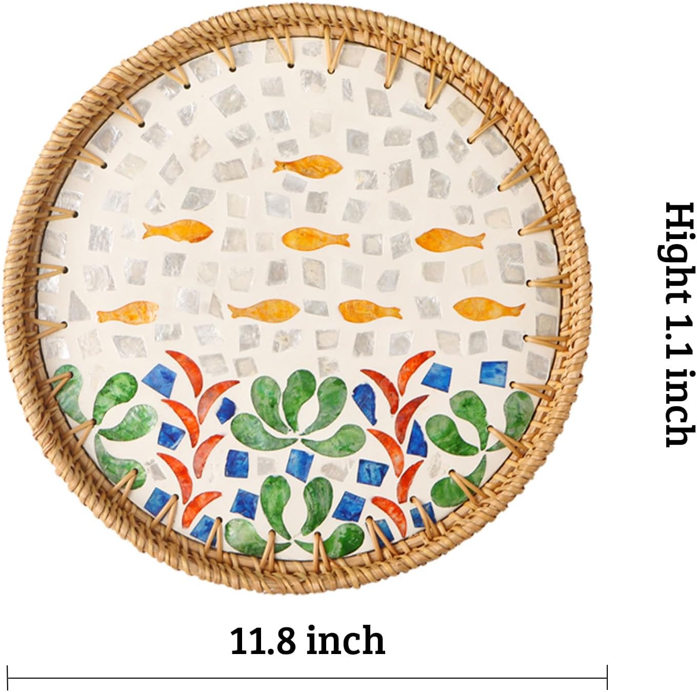 Round Rattan Tray with Mother of Pearl Inlay, Decorative Wicker Serving Tray with Wooden Base, Woven Basket Trays for Bread Fruits Coffee, Leaf