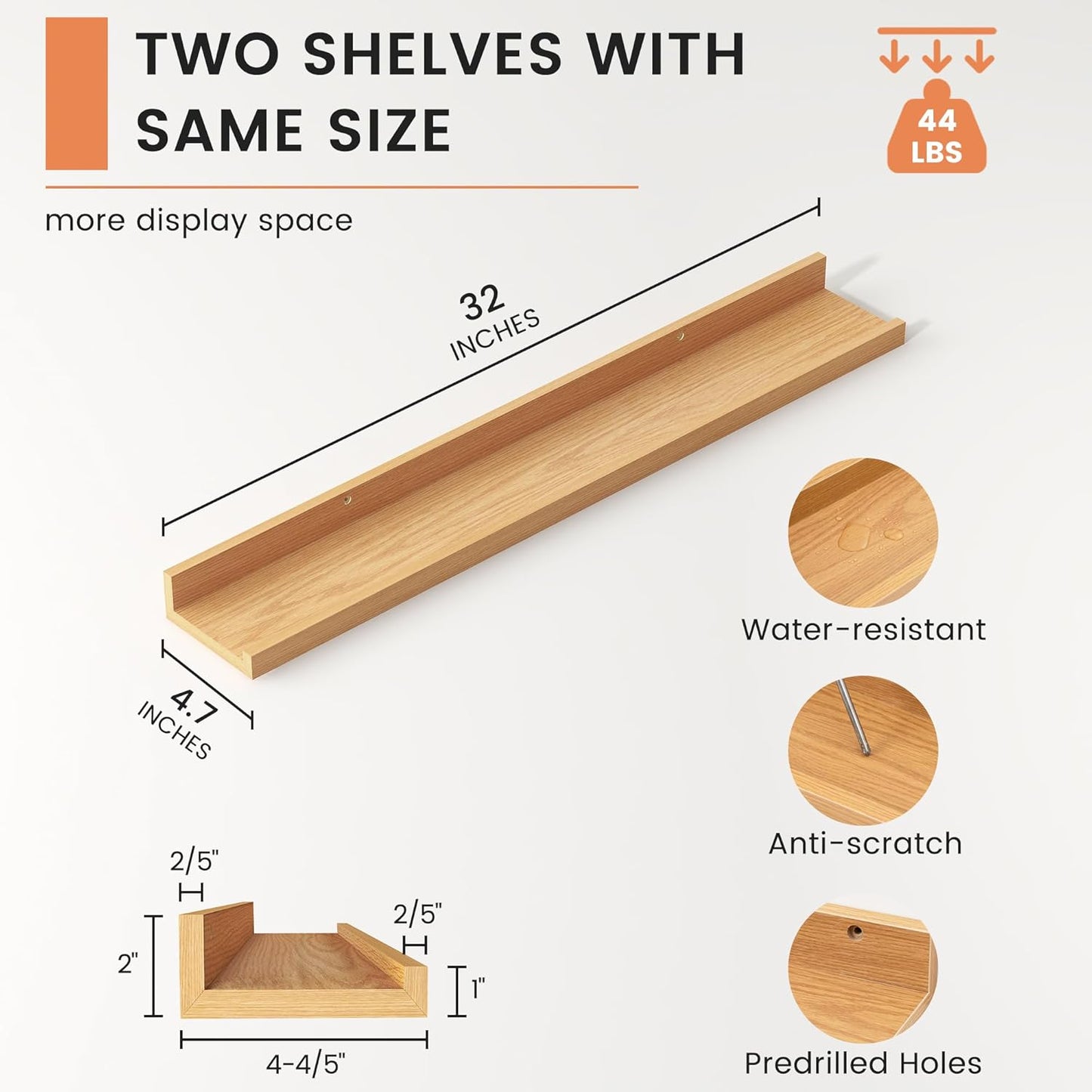 FLYJOE Picture Ledge Shelf, Floating Shelves Set of 2, 48 Inches Long Large Nursery Book Shelves for Toys Storage, Kids Bookshelf Wall Mounted for Living Room Bedroom Decor Books Photo Frames, Walnut