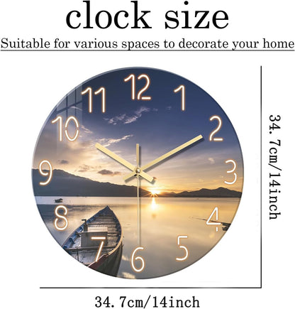 Beach Wall Clock Battery Operated 12 Inch Glass Wall Clock Non Ticking Analog Blue Wall Clocks for Bedroom Living Room Office Decor