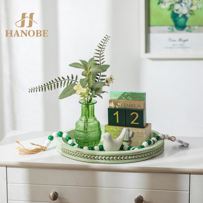 Hanobe Round Wooden Decorative Tray: White Washed Bead Tray Decor for Coffee Table Centerpiece Rustic Farmhouse Tray for Kitchen Counter Living Room Decoration