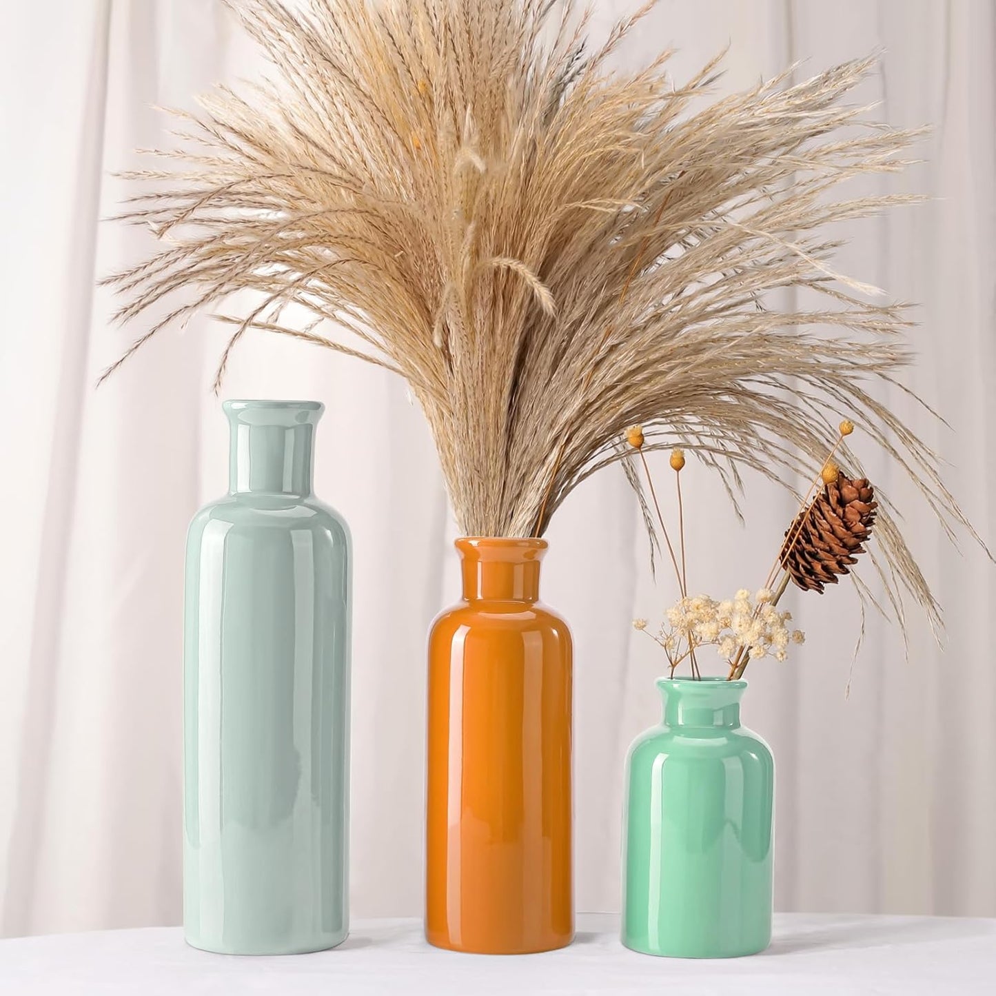 Small White Ceramic Vase Set of 3, Boho Modern White Flower Vase Room Decor, Farmhouse Decor, Vases for Your Kitchen, Bathroom, Bedroom, Living Room, Office&Shelf Centerpiece Table Decorations