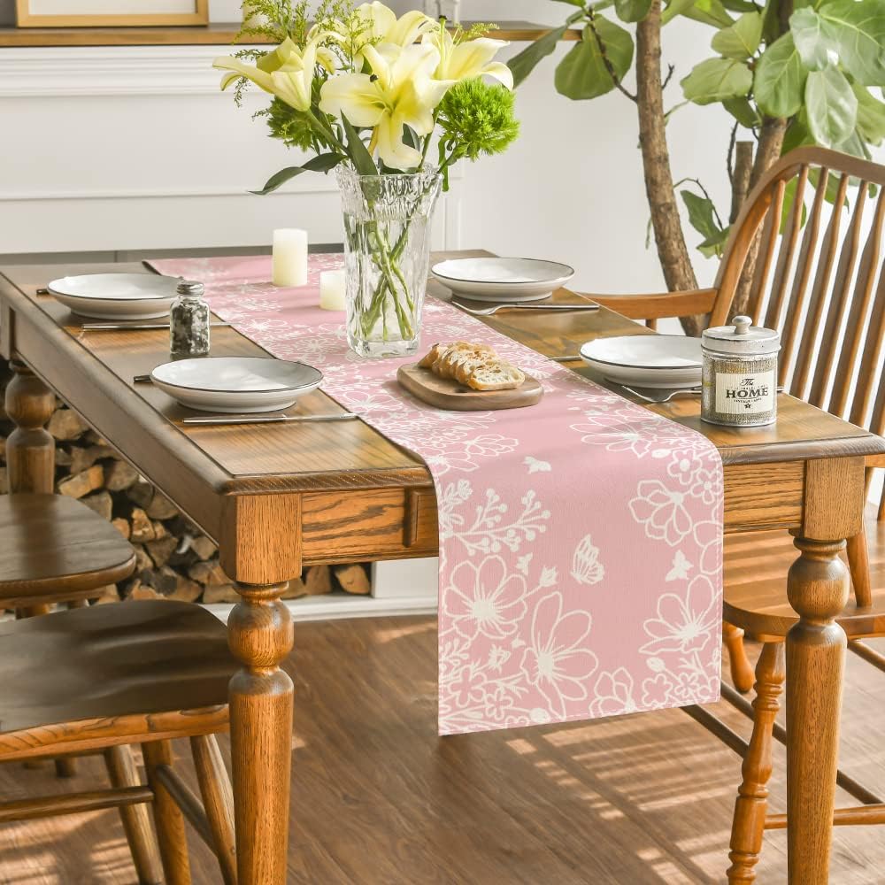 Artoid Mode Pink Bloom Flowers Butterfly Spring Table Runner, Seasonal Holiday Kitchen Dining Table Decoration for Home Party Indoor 13x72 Inch