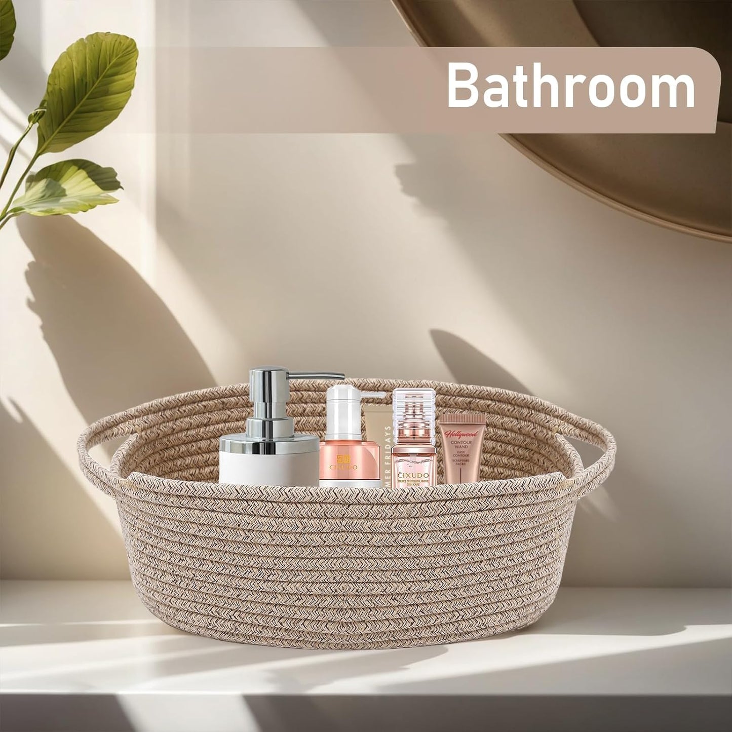 JMvicyroam Woven Basket,Small Rope Storage Bin with Handles & Ribbon Bag, Organizer for Shelves Closets,Gift Basket Empty for Birthday,Books,Dog Toys,White