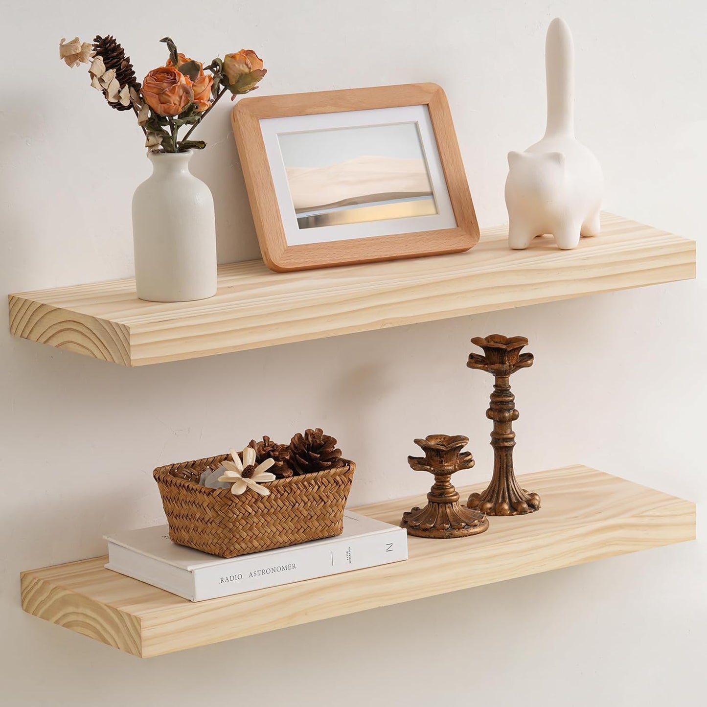 Floating Shelves 36 Inches Long - 8 Inch Deep Rustic Premium Solid Pine Wood for Storage - Farmhouse Wall Mounted for Living Room - Heavy-Duty Metal Bracket - 36" W x 8" D - Set of 2 - White Color