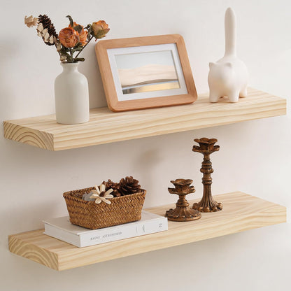 Floating Shelves 36 Inches Long - 8 Inch Deep Rustic Premium Solid Pine Wood for Storage - Farmhouse Wall Mounted for Living Room - Heavy-Duty Metal Bracket - 36" W x 8" D - Set of 2 - White Color