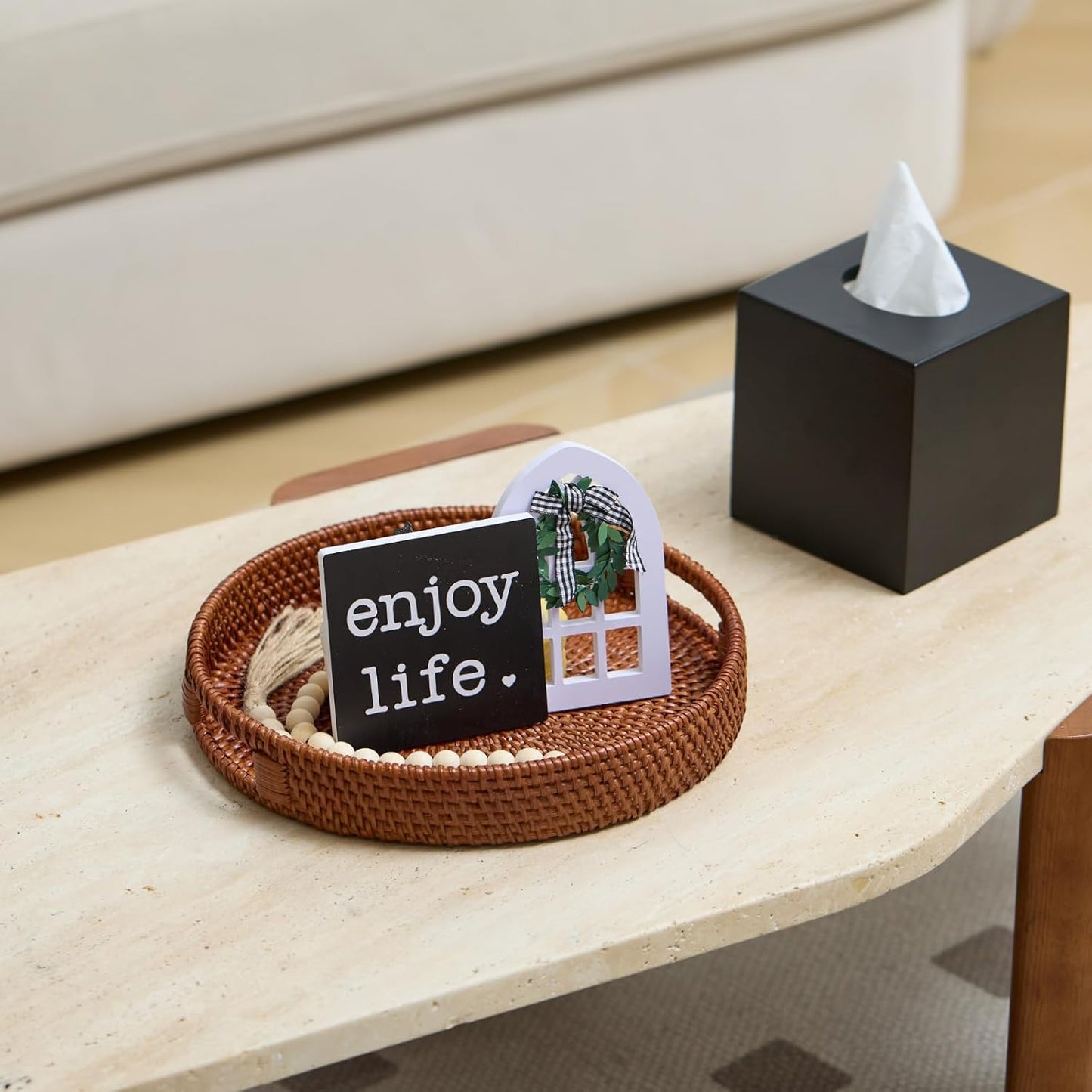 13.8 inch Round Rattan Tray, Decorative Coffee Table Tray, Ottoman Tray, Woven Serving Tray with Handles, Wicker Serving Basket, Whitewash