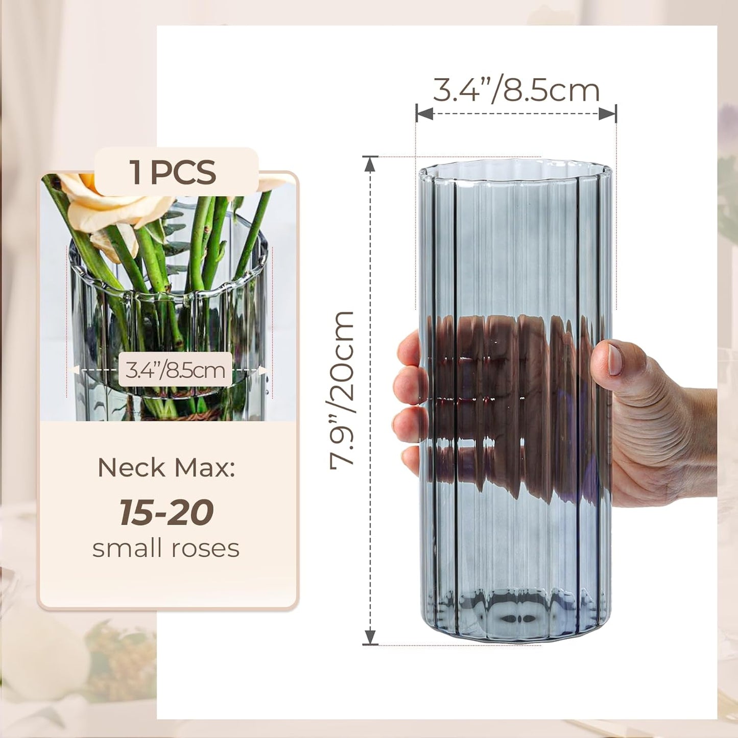 ComSaf Glass Cylinder Vases, Bud Vase for Centerpieces, 8 Inch Tall Ribbed Vase Hurricane Floating Candle Holder, Decorative Flower Vases for Wedding Reception, Home Decor, Housewarming Gift (Clear)