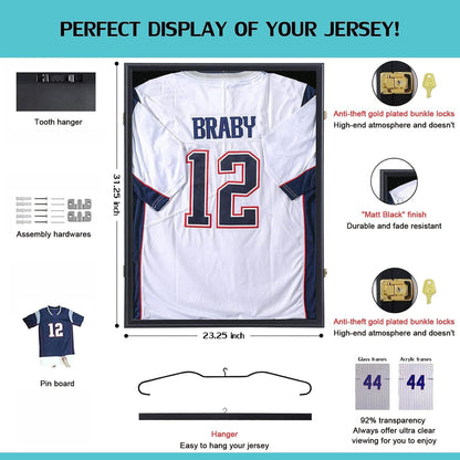 KCRasan Jersey Display Frame Case - Large Lockable Frames Shadow Box with UV Protection for Baseball Basketball Football Soccer Hockey Sport Shirt Matte Black Finish