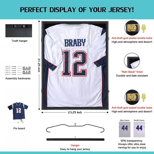 KCRasan Jersey Display Frame Case - Large Lockable Frames Shadow Box with UV Protection for Baseball Basketball Football Soccer Hockey Sport Shirt Matte Black Finish