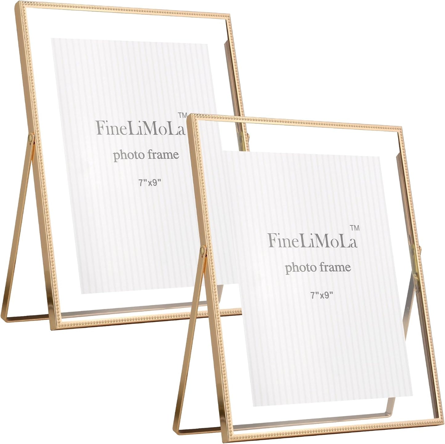Gold 6x8'' Floating Photo Frame 2 Pack, Beaded Metal Frame Fits 3.5x5'', 4x6'' & 5x7'' Pictures, Adjustable Tabletop & Shelf Display, Elegant Wedding Gift for Home Decor