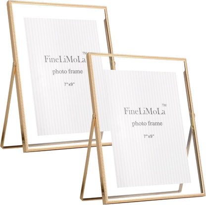 Gold 6x8'' Floating Photo Frame 2 Pack, Beaded Metal Frame Fits 3.5x5'', 4x6'' & 5x7'' Pictures, Adjustable Tabletop & Shelf Display, Elegant Wedding Gift for Home Decor