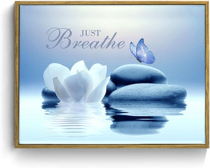 EOBTAIN Zen Flower Canvas Wall Art Bathroom Butterfly and Water Lily Stone Relaxing Spiritual Yoga Framed Wall Art Just Breathe Pictures Canvas Wall Decor for Living Room Bedroom,12x16 Inches