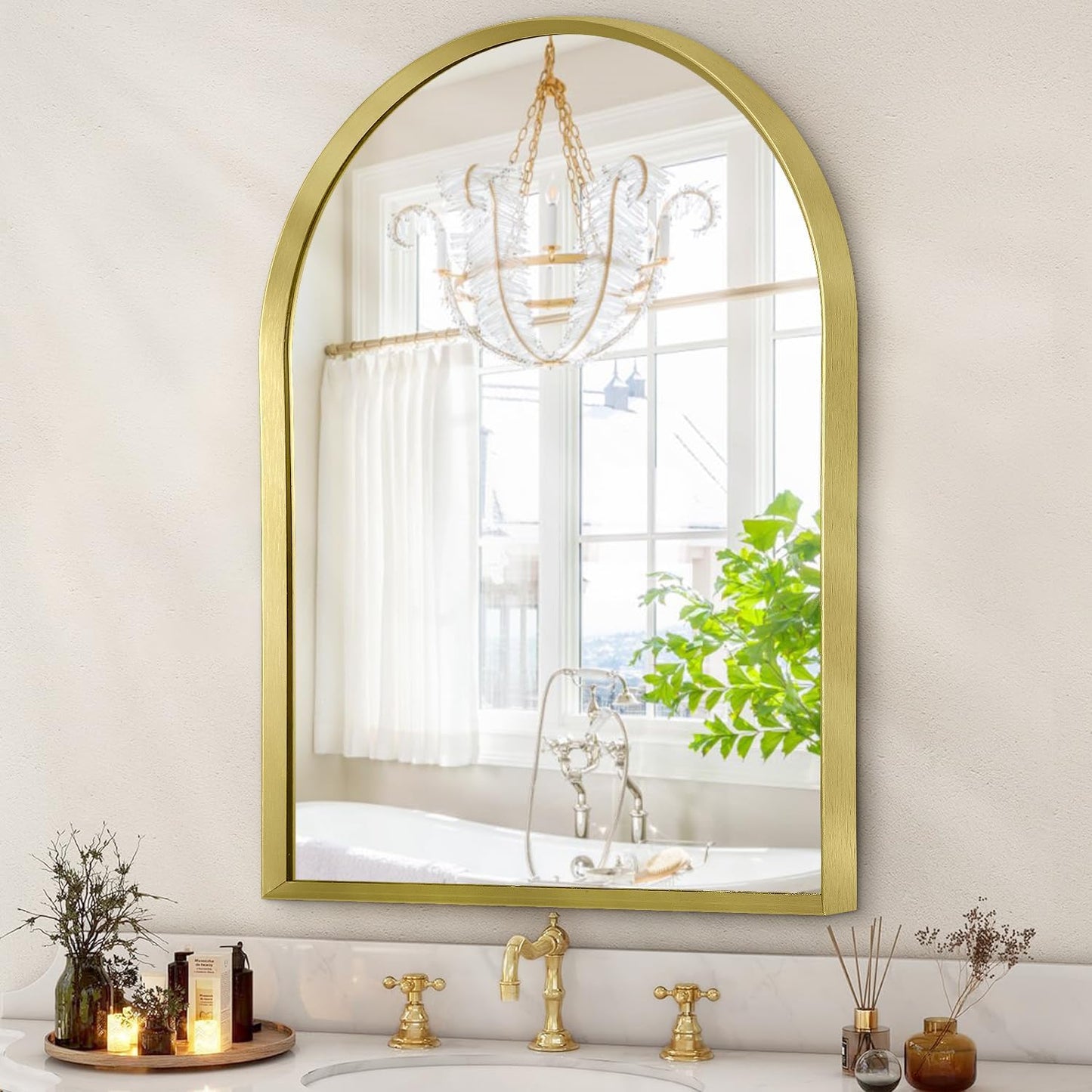 Black Arched Mirror, Modern Bathroom Wall Mirror Aluminum Alloy Framed Mirror Brushed Metal Vanity Wall Mounted Mirror for Livingroom Bedroom Entryway Room 16"x12"