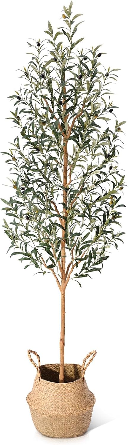 Faux Olive Tree 6FT – Tall Artificial Plants Indoor with Real Wood Trunk & Seagrass Basket, Lifelike Silk Leaves & Fruits – Potted Large Fake Trees for Home, Living Room, Bedroom & Office Decor
